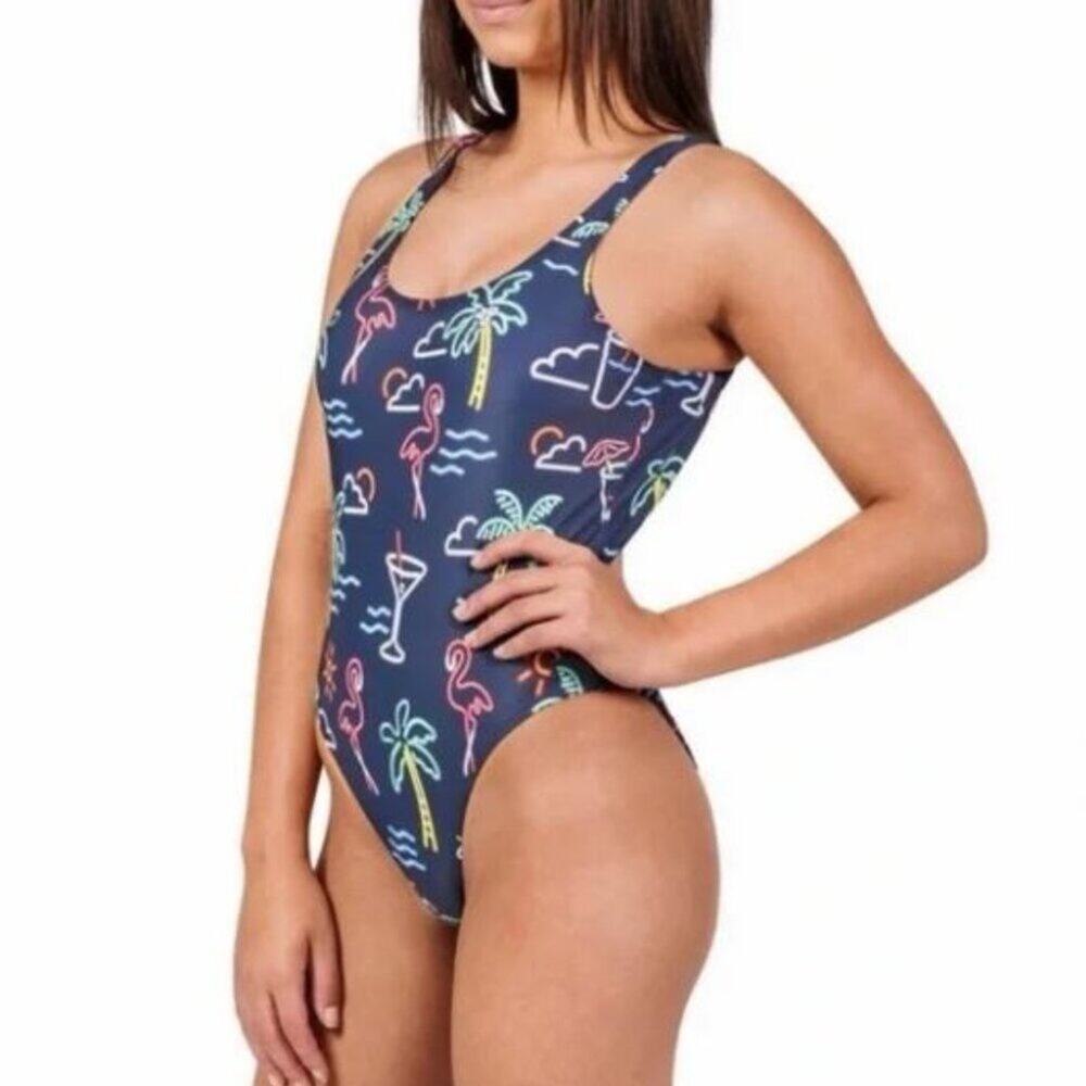 Chubbies Woman's one piece Maillot Swimsuit Neon lights print on navy Size M
